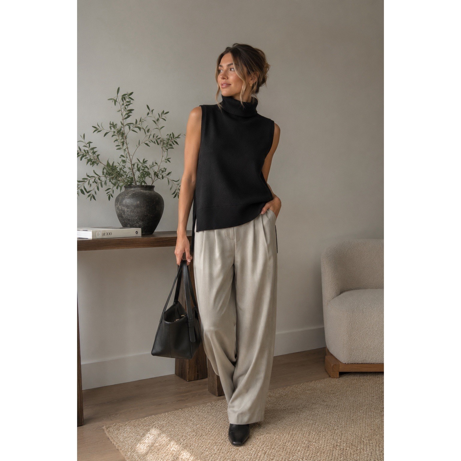Babaton Aritzia Wool Quiet Luxury Sleeveless Turtleneck Sweater Black Sz L Soft